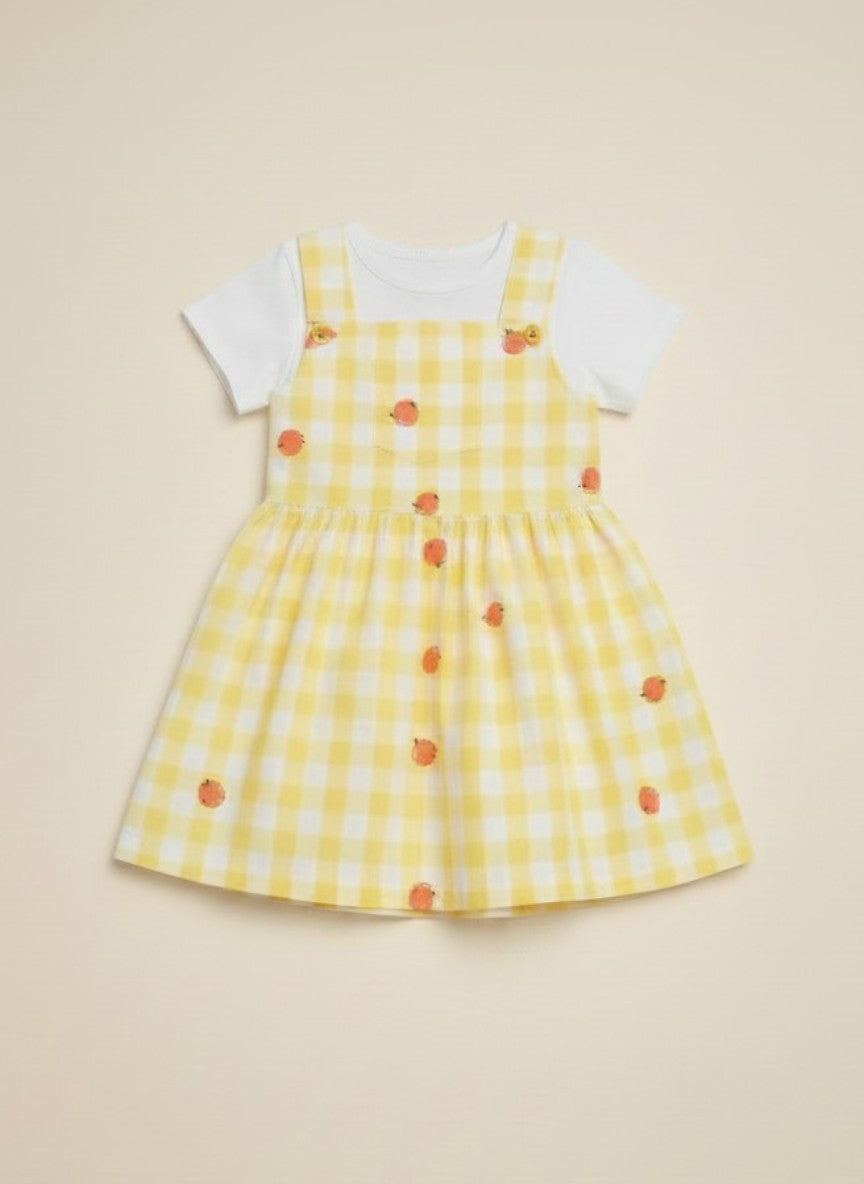 Girls Yellow White Check Pinafore Dress Set