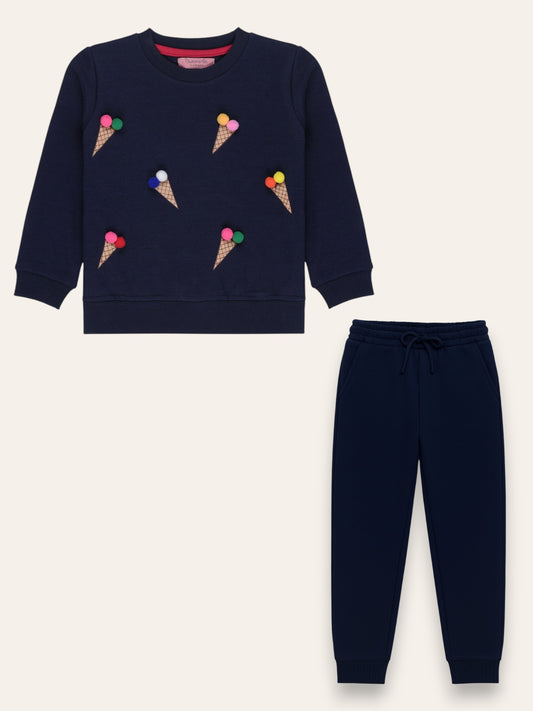 2 Pc Set Navy Waffle Printed Sweatshirt & Trouser