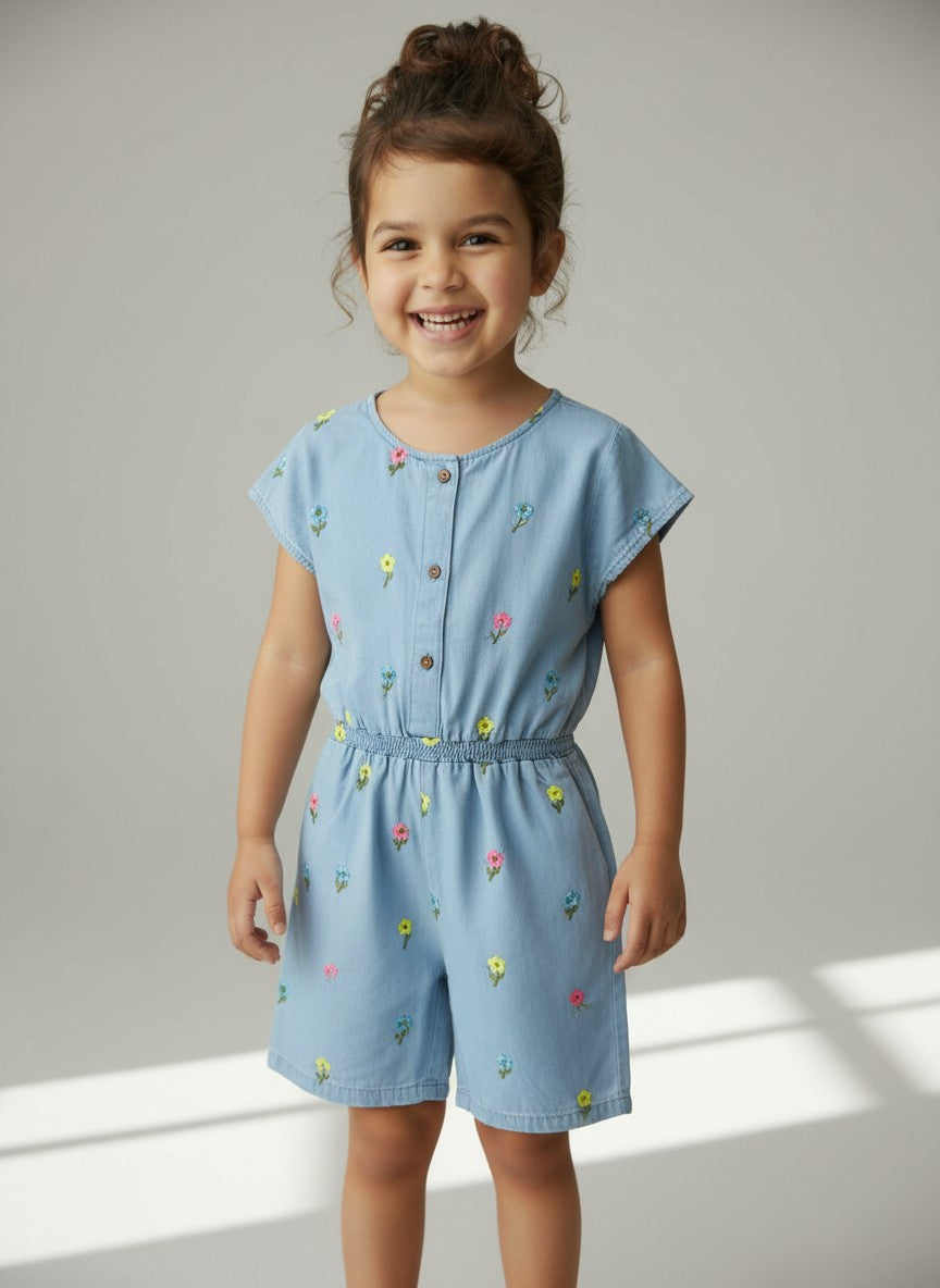 Girls Floral Embroidered Denim Playsuit