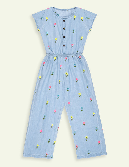Girls Floral Embroidered Denim Jumpsuit
