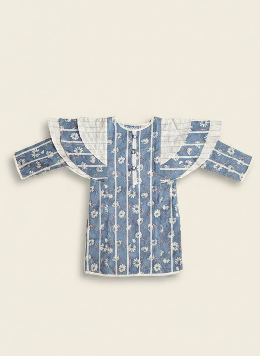 2 Pc Blue & White Floral Kurti with White Trouser