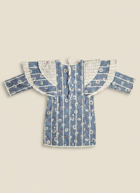 2 Pc Blue & White Floral Kurti with White Trouser