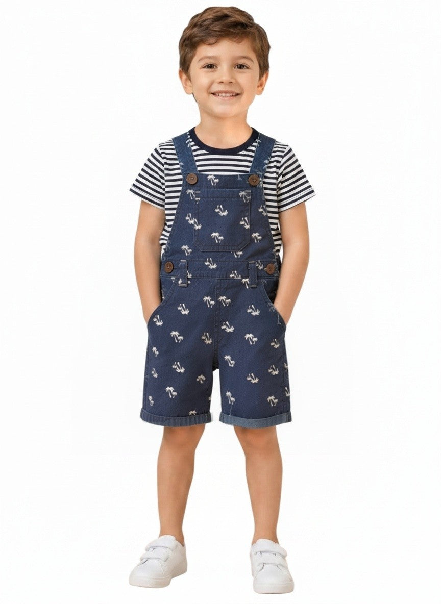 Boys Navy Twill Dungaree Set with Striped T-Shirt