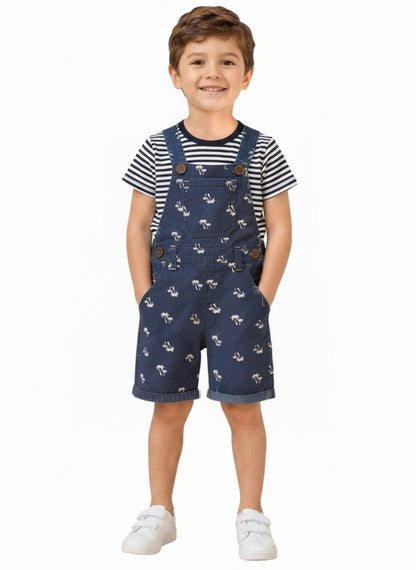 Boys Navy Twill Dungaree Set with Striped T-Shirt