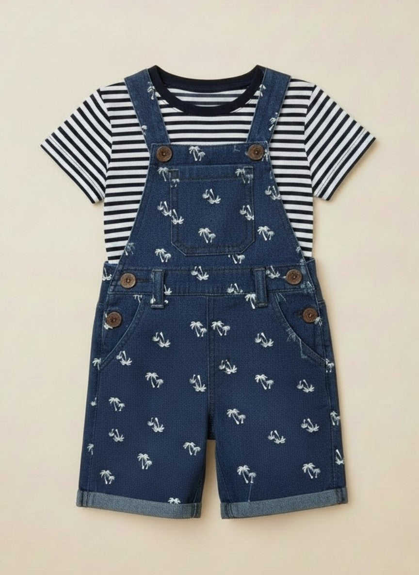 Boys Navy Twill Dungaree Set with Striped T-Shirt