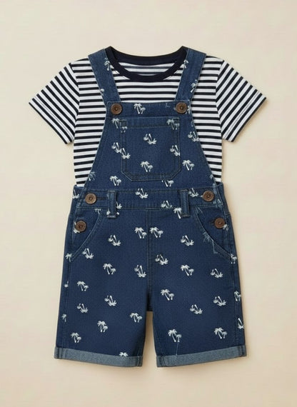 Boys Navy Twill Dungaree Set with Striped T-Shirt
