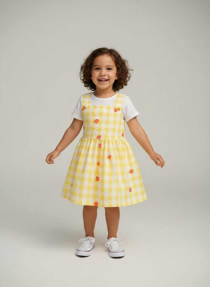 Girls Yellow White Check Pinafore Dress Set
