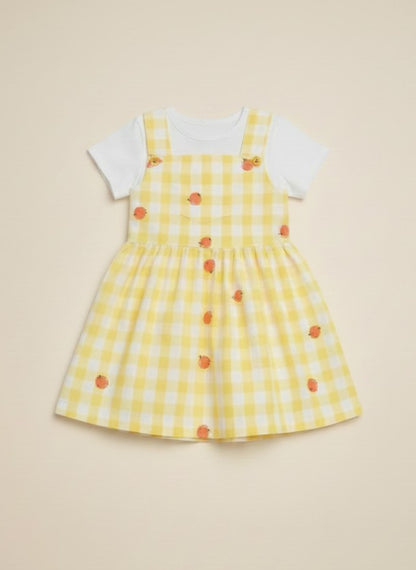Girls Yellow White Check Pinafore Dress Set