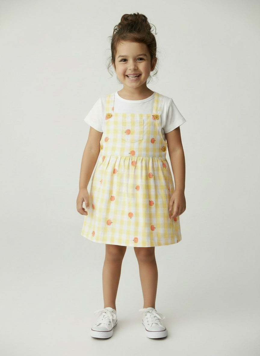 Girls Yellow White Gingham Pinafore Dress Set