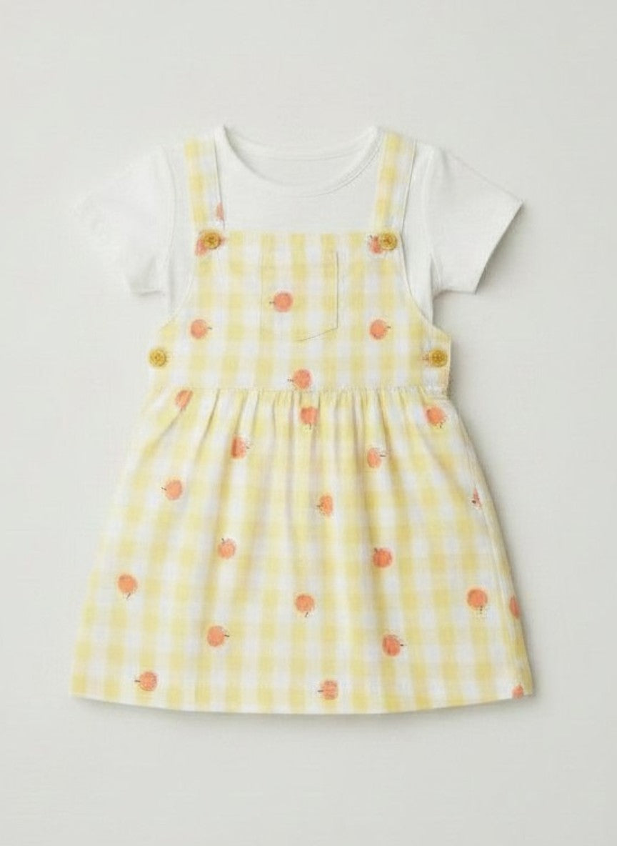 Girls Yellow White Gingham Pinafore Dress Set