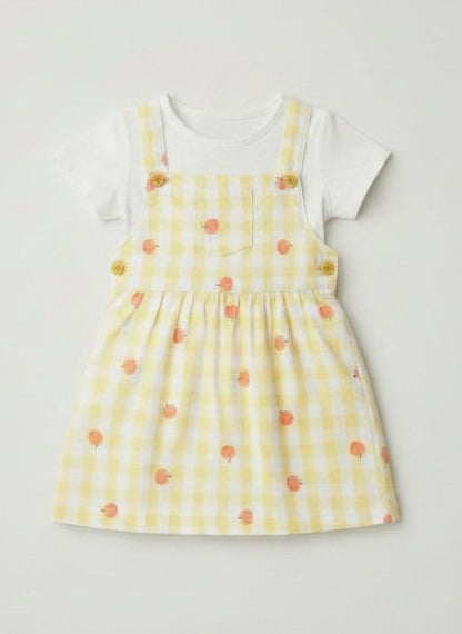 Girls Yellow White Gingham Pinafore Dress Set