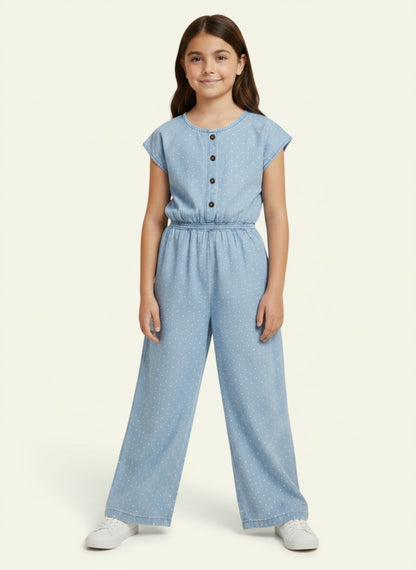 Girls Sky Blue Printed Wide-Leg Jumpsuit