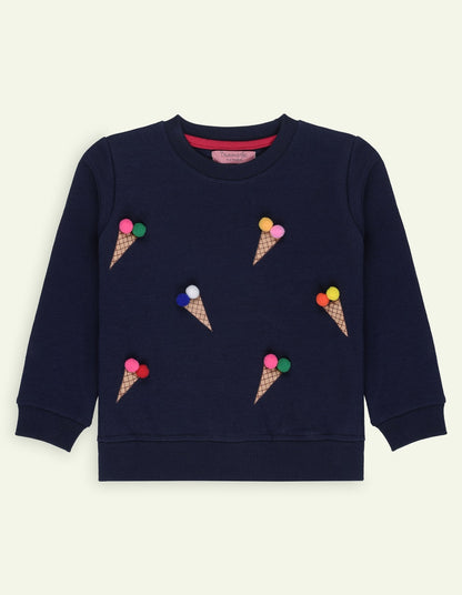 Navy Waffle Printed Sweatshirt with Pom Pom