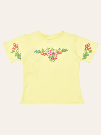 Girls Yellow Embroidered Tee