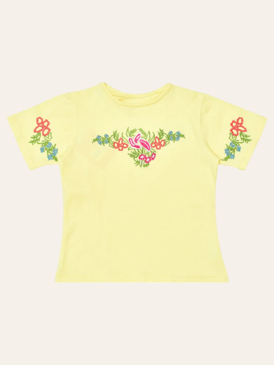 Girls Yellow Embroidered Tee