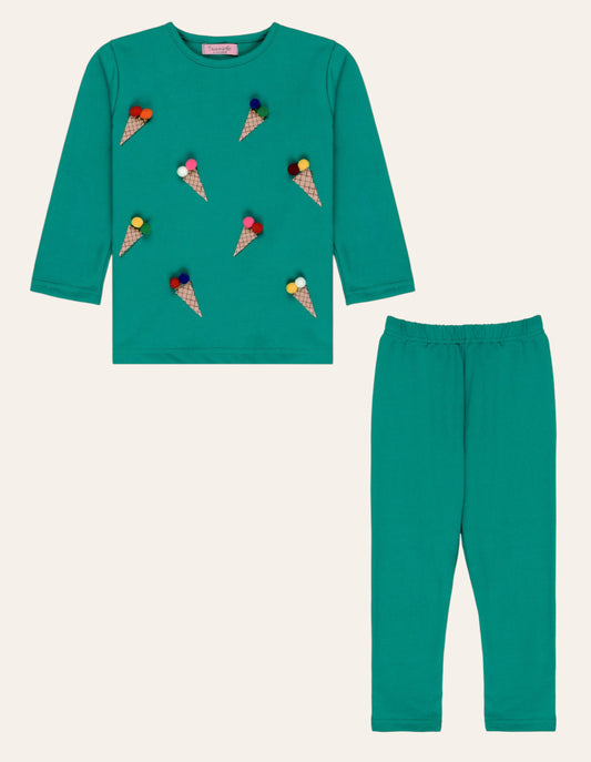 Waffle Printed Tshirt with Pom Pom Detail