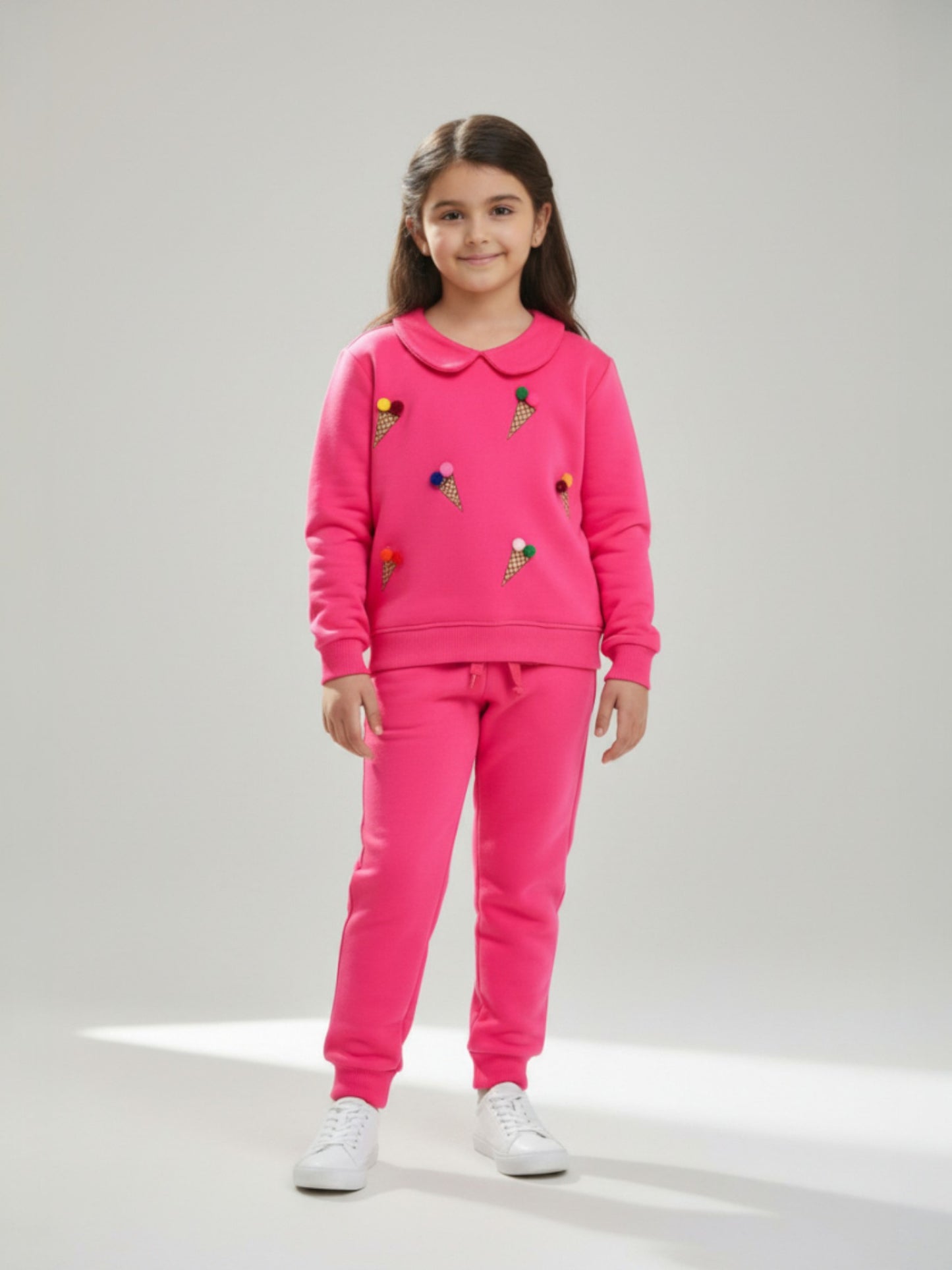 2 Pc Pink Waffle Printed Sweatshirt Set