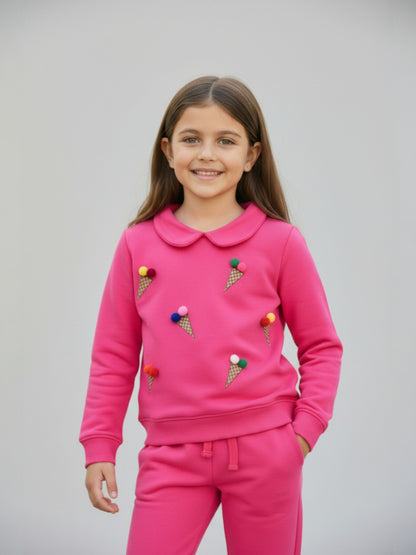 Pink Waffle Printed Sweatshirt with Collar