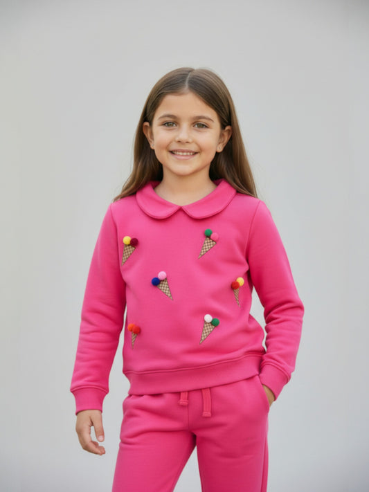 Pink Waffle Printed Sweatshirt with Collar