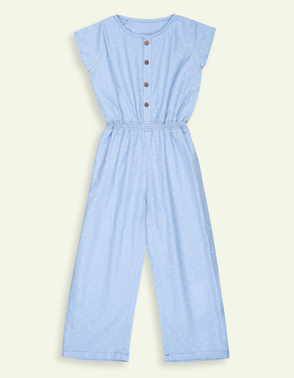 Girls Sky Blue Printed Wide-Leg Jumpsuit