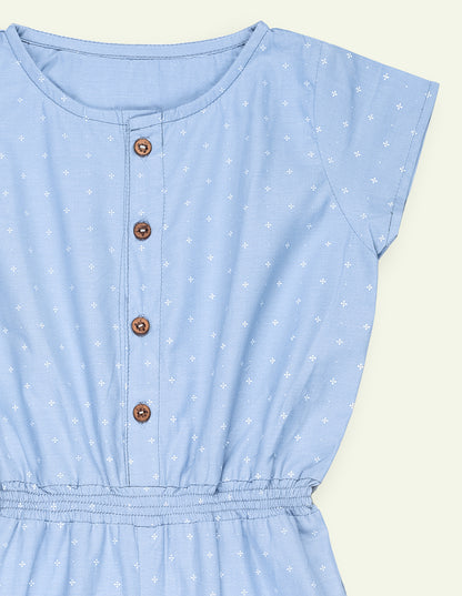 Girls Sky Blue Printed Wide-Leg Jumpsuit