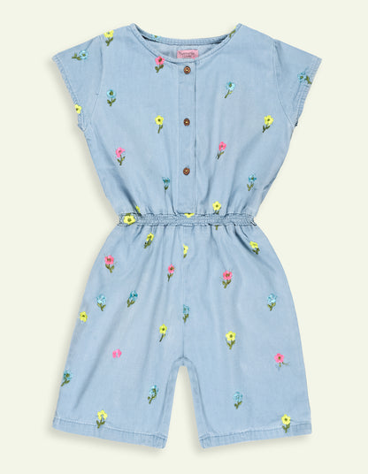 Girls Floral Embroidered Denim Playsuit
