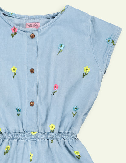 Girls Floral Embroidered Denim Playsuit