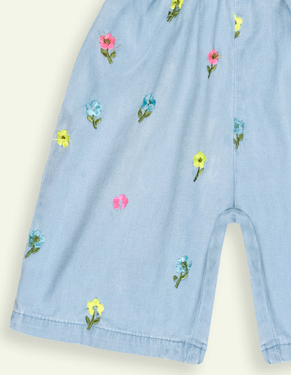 Girls Floral Embroidered Denim Playsuit