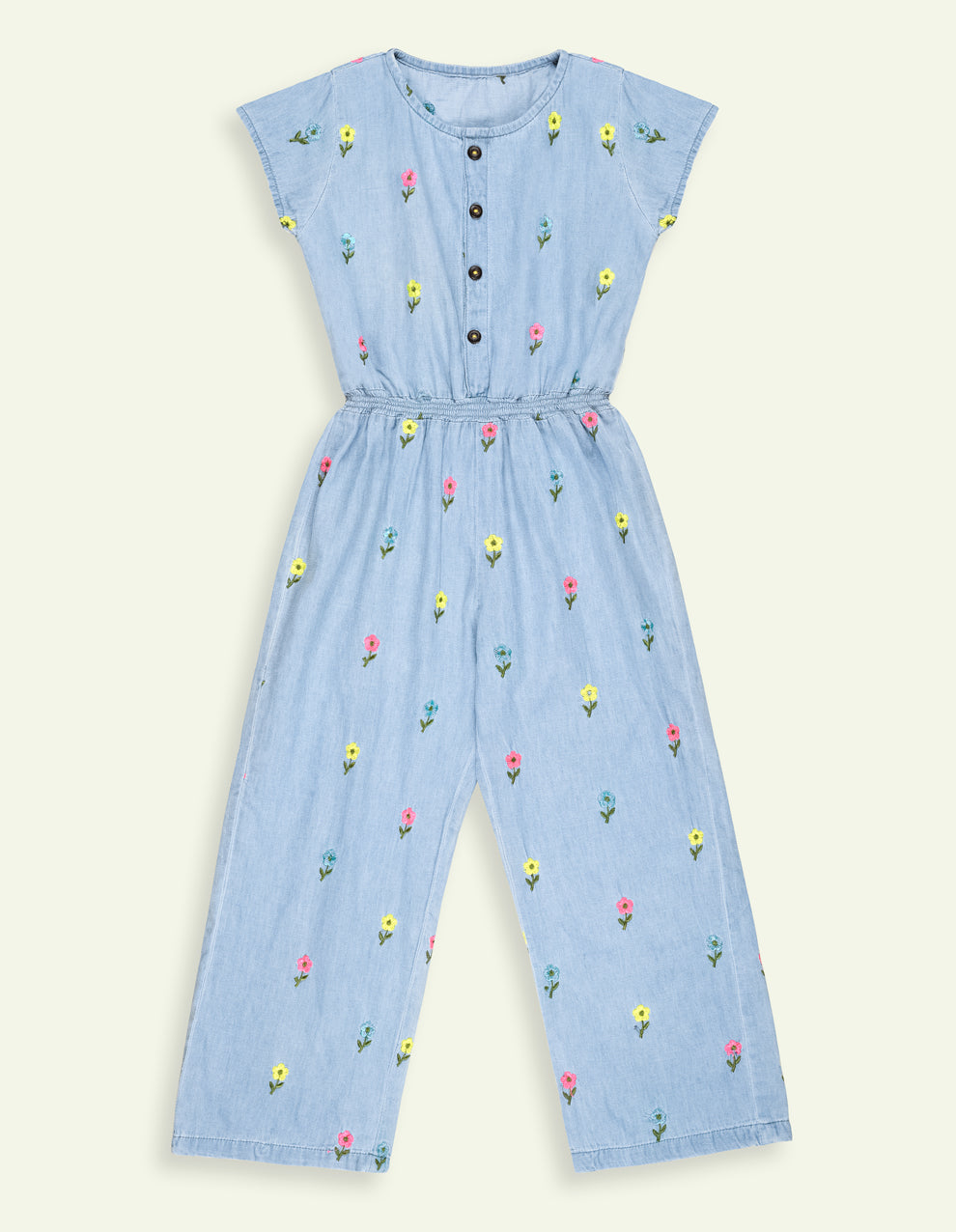 Girls Floral Embroidered Denim Jumpsuit
