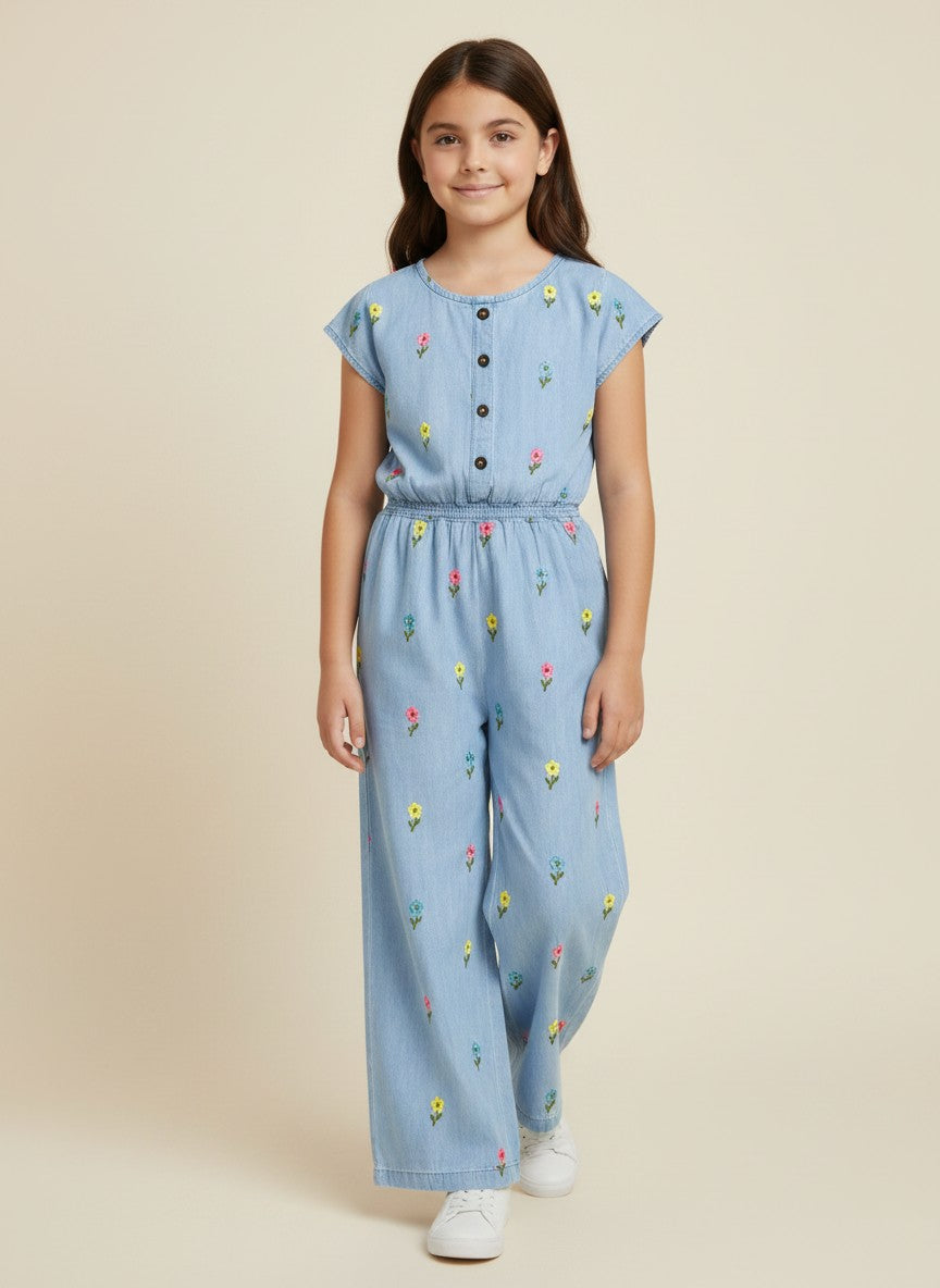 Girls Floral Embroidered Denim Jumpsuit