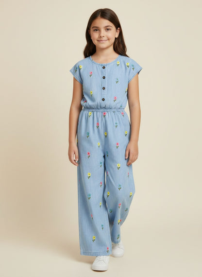 Girls Floral Embroidered Denim Jumpsuit