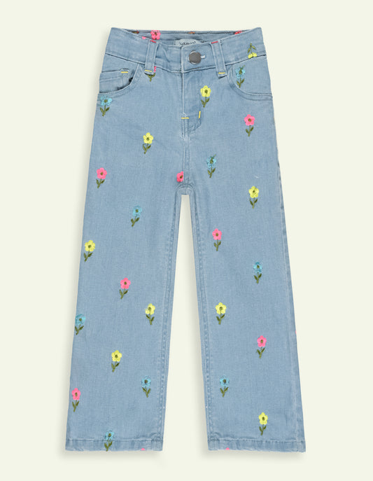Wide Leg Embroidered Denim Jeans
