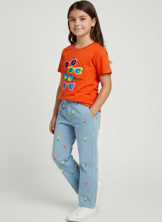 Wide Leg Embroidered Denim Jeans
