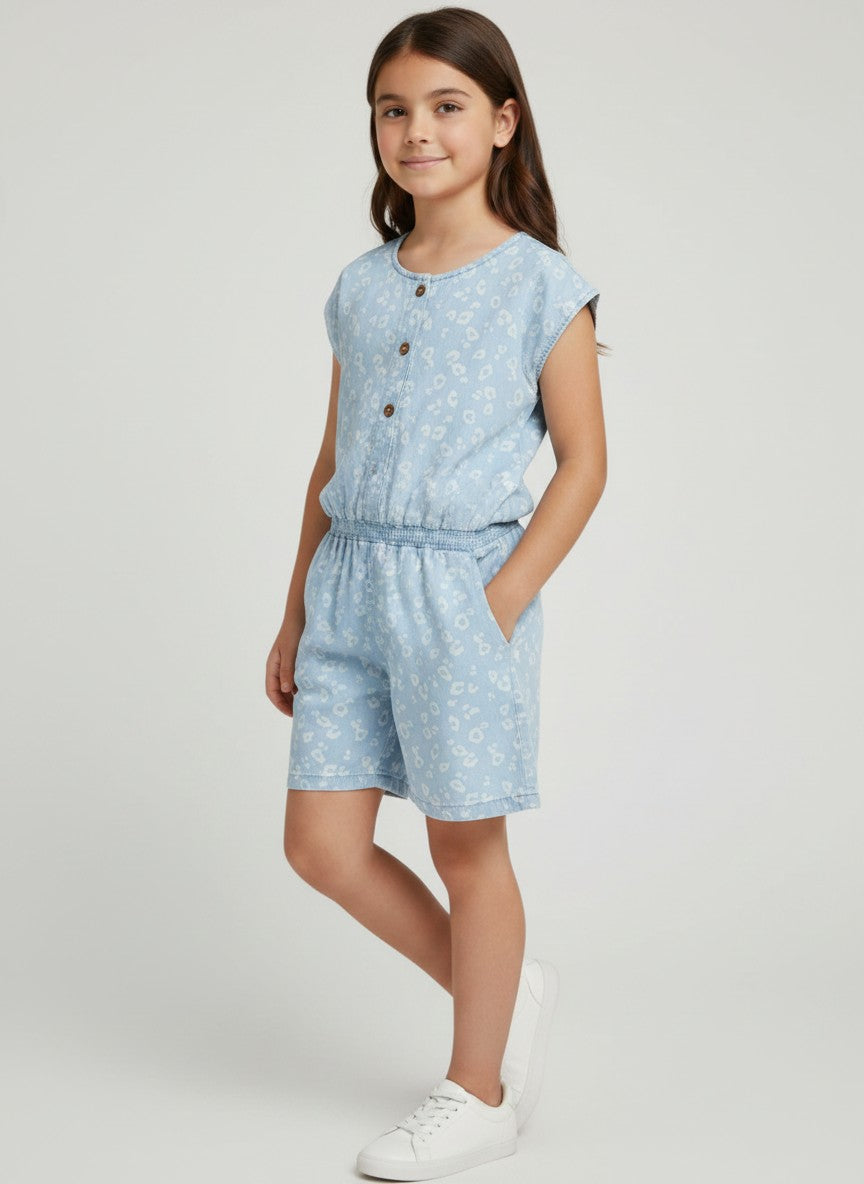 Girls Printed Denim Playsuit