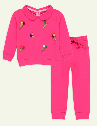 2 Pc Pink Waffle Printed Sweatshirt Set