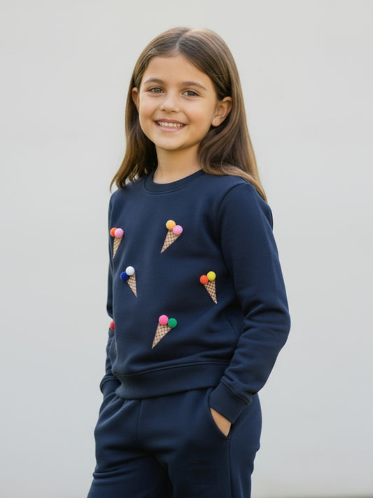2 Pc Set Navy Waffle Printed Sweatshirt & Trouser