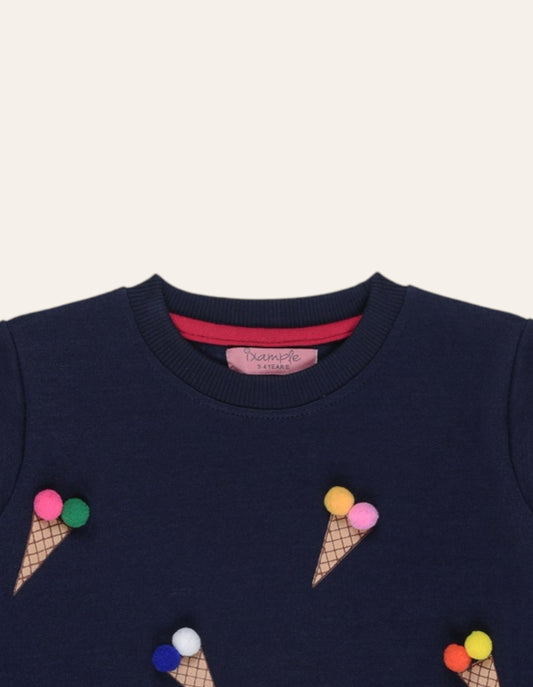 Navy Waffle Printed Sweatshirt with Pom Pom